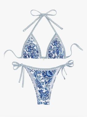 Amazon Blue Paisley Tie-Side Triangle Bikini Set